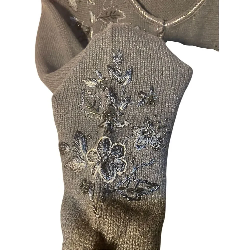 Tiara international vintage, women’s black, embellished, beaded cardigan, sweate